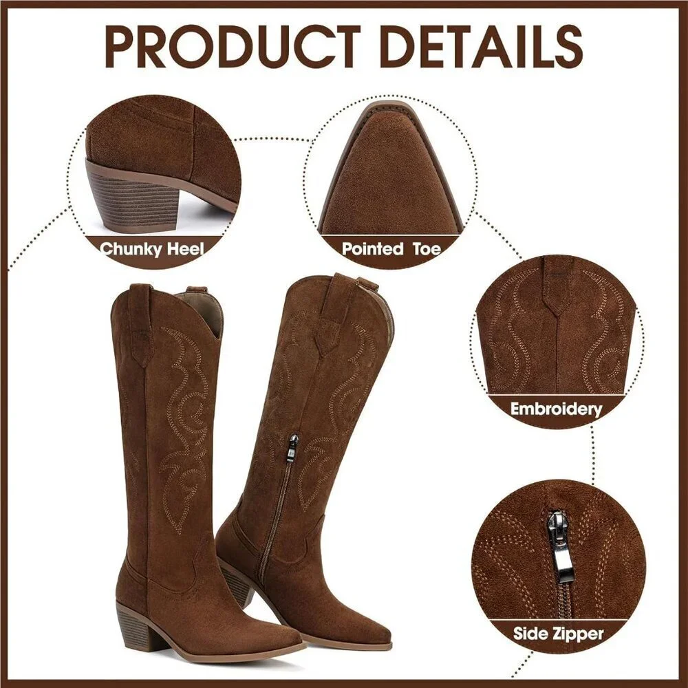 Women's Brown Knee High Wide Calf Western Glitter Sparkly Ladies Tall Boots